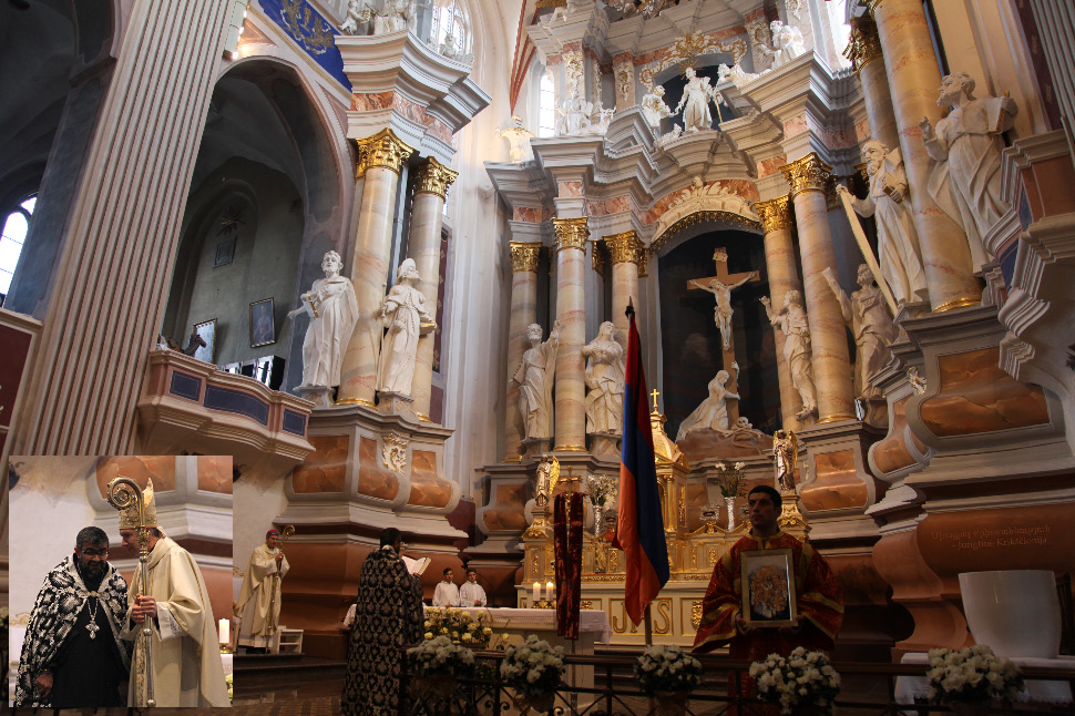 Father Khosrov Stepanyan of the Armenian Apostolic Church and Catholic Metropolitan Archbishop Lionginas Virbalas in the Kaunas Cathedral Basilica of Apostles Saint Peter and Saint Paul